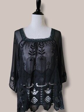 Johnny Was 4 Love & Liberty Witchcore Silk Sheer Embroidered Sequin Top S Black